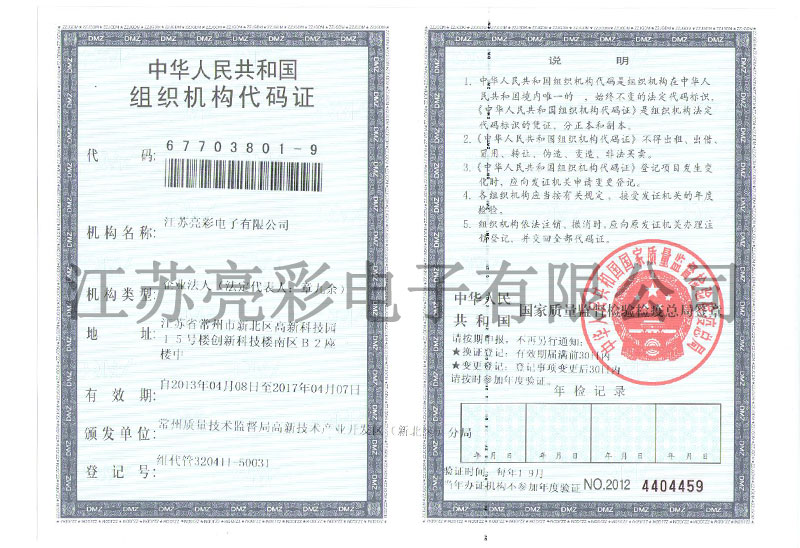 Original organization code certificate